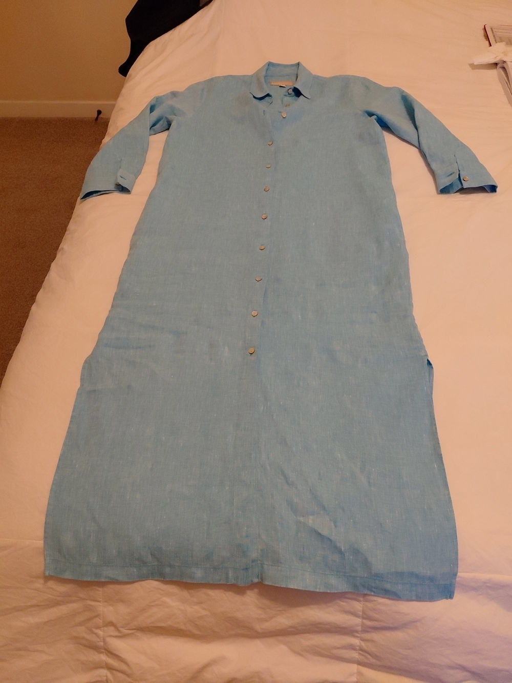 120% Lino Dress Light Blue Sz 10 Excellent Condition Button Down Side Pkts
